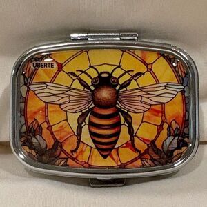 Bee in Stained Glass Window Travel Pill Box 2 Compartment Medicine Pill Case NEW